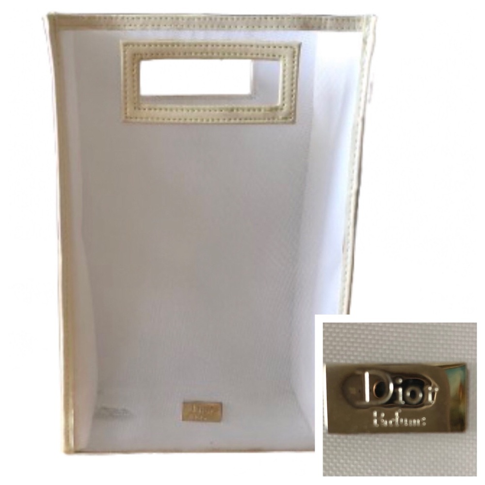DIOR PARFUMS WHITE/CREAM COSMETIC BAG • MESH FRONT • QUILTED BOTTOM AND BACK